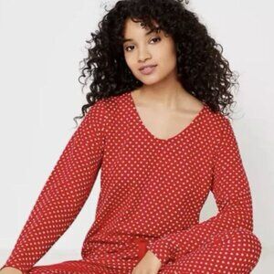 NWT Ann Taylor LOFT Red White Heart Print Long Sleeve Top & Pants Pajama Set M
